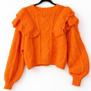 POL Vibrant Orange Ruffled Cable Knit Sweater Size L